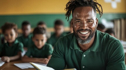 A lively classroom scene featuring a happy teacher smiling at the camera, surrounded by engaged students, celebrating the joy of education and the importance of connection in learning.