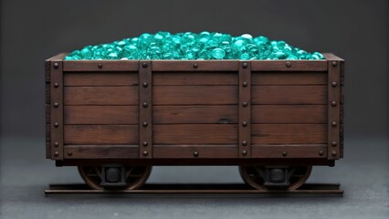 Wooden mining cart filled with teal gems