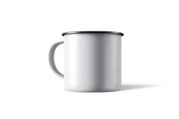 A simple white enamel mug with a black rim, suitable for serving hot or cold beverages.