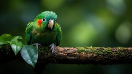 A colorful green parrot perched on a branch amidst lush tropical foliage, symbolizing the rich biodiversity and beauty of nature&rsquo;s wildlife.