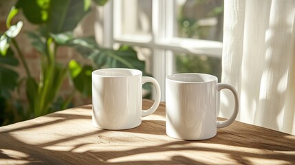 Obraz premium Two simple white mugs sit comfortably on a sunlit table, surrounded by soft shadows and a warm atmosphere, perfect for enjoying a cozy drink with a loved one on a relaxing day.