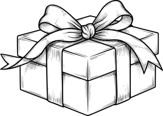 Black and white sketch of a gift box with ribbon, illustration art. Vector illustration

