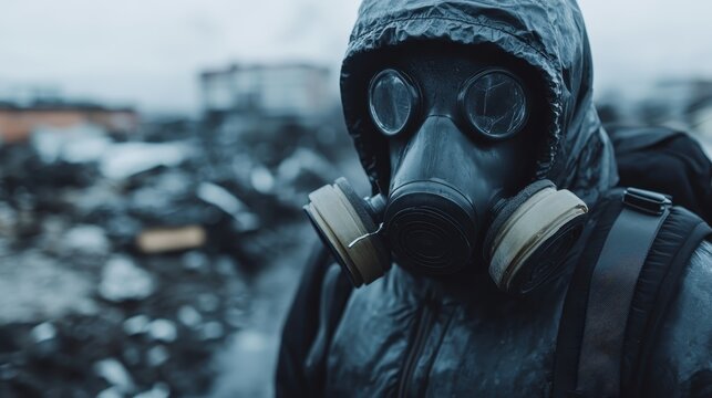 A figure wearing a gas mask stands alone in an urban setting filled with debris, highlighting themes of survival and environmental distress in a dystopian atmosphere. - Powered by Adobe