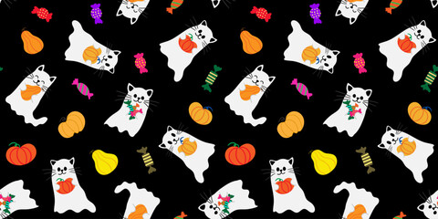 cute halloween seamless pattern for kids with ghost cats pumpkins and candies on a dark black background perfect for children's textiles
