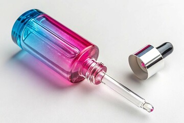 Vibrant Pink And Blue Glass Serum Bottle With Dropper on white background