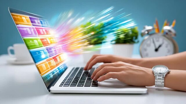 A vibrant laptop scene illustrating creativity and productivity with colorful digital elements bursting from the screen.