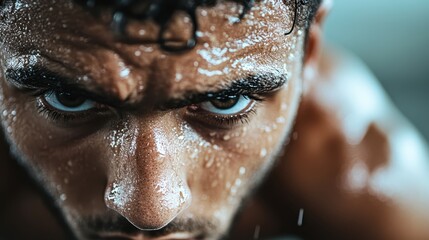 A focused male athlete with a determined expression is seen up close, sweat glistening on his skin as he engages in an intense workout, showcasing strength and perseverance.