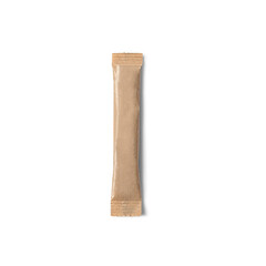 A single, unmarked brown sugar packet, typically used as a sweetener for beverages or food.