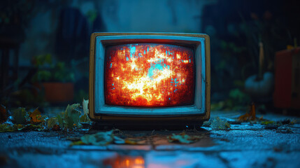 An antique television with a fiery, abstract display, sits in a dimly lit, overgrown outdoor space