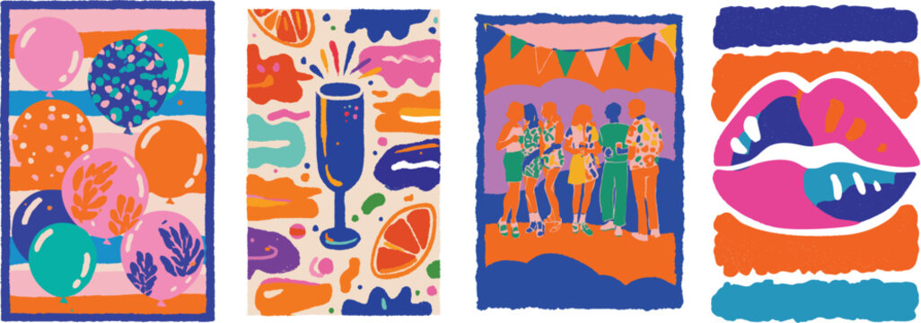 Tropical party artwork with cocktails, fashion and festive elements