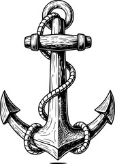 Detailed black and white sketch of a nautical anchor drawing. Vector illustration
