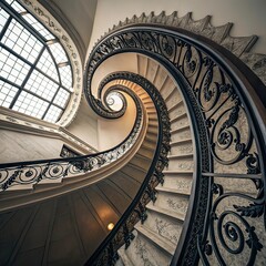 Obraz premium Vintage spiral staircase with intricate details. Architectural design with carved, decorative elements, circular shape leads upwards