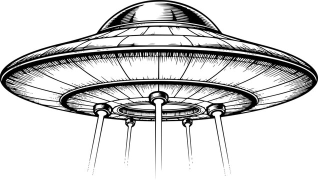 Sketch of a flying saucer with beams in black and white illustration. Vector illustration
