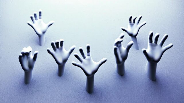 Halloween Surreal Artistic Visuals of Disembodied Hands Reaching from White Background, Symbolizing Struggle