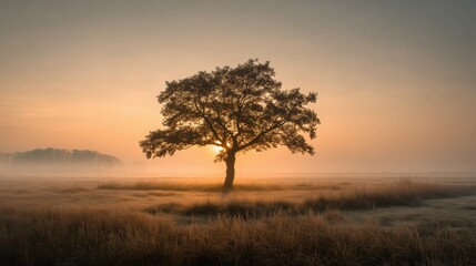 Solitary tree in misty field at sunrise with peaceful atmosphere