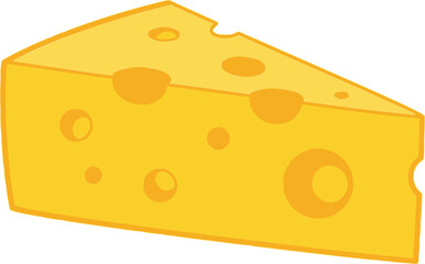 Triangle piece of bright yellow cheese with large holes, in simple vector style. Vector illustration
