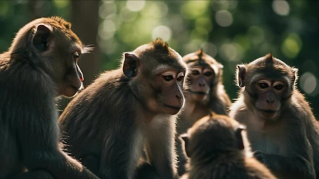 Captivating Close-Up of a Macaque Monkey Family in a Natural Habitat Setting