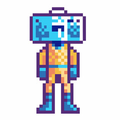 Retro pixel art robot character with blue monitor screen head, orange spacesuit, digital style, technology concept