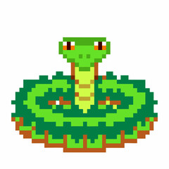Green pixel snake coiled with tongue flicking retro animal, digital pixel art, video game asset, serpent icon
