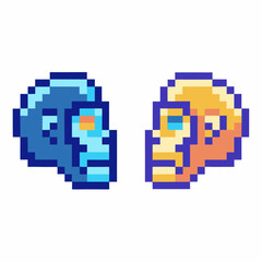 Fototapeta premium Pixel art blue and yellow human skulls facing each other retro digital design, vintage video game character concept