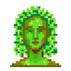 Green pixel art medusa head with snake hair, digital mosaic mythology monster, retro 8 bit fantasy character illustration