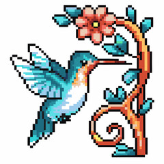 Pixel art hummingbird with vibrant wings drinking nectar from pink flower, retro digital style, colorful decorative pattern