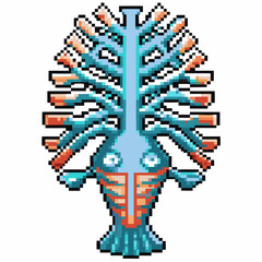 Fototapeta premium Retro pixel art fish skeleton design with blue and red bones, aquatic anatomy illustration, vintage digital