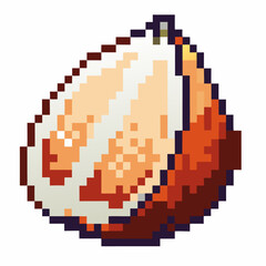 Pixel art coconut half retro digital tropical fruit, 8 bit graphic for games or icons, sliced open brown shell
