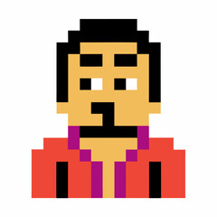 Fototapeta premium Pixel art man with mustache wearing red shirt and purple collar simple retro digital avatar, isolated character illustration