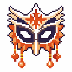Obraz premium Pixel art festive carnival mask with geometric orange patterns, ornamental beads, and symmetrical fantasy design