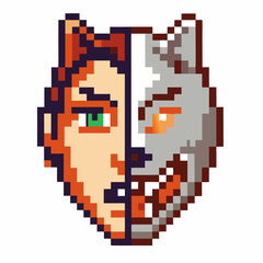 Pixel art illustration of split human and wolf face dual personality, animal instinct, transformation, wild nature, identity
