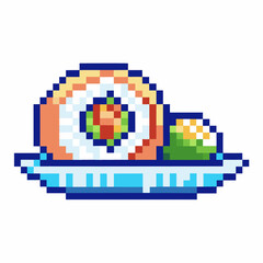 Pixel art sushi roll with rice and fish on blue plate, traditional japanese cuisine, retro 8 bit food illustration