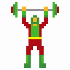 Fototapeta premium Pixel art weightlifter lifting heavy barbell overhead in green and red suit gym fitness exercise, strength and sports game icon
