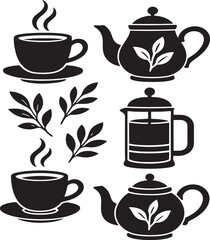 Obraz premium Tea Cups And Teapots With Leaves Vector Illustrations