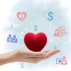 Generative ai image abstract soft background with dollar symbol, hand holding heart, charity icon on background, white and sky blue