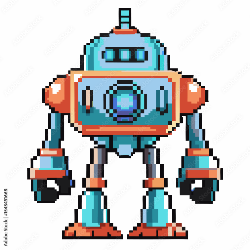 Poster retro pixel art robot character with blue and orange armor, standing on white background futuristic 