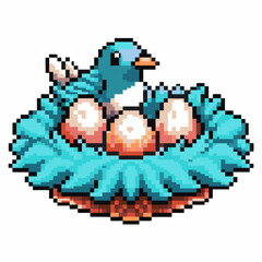 Fototapeta premium Pixel art blue bird nesting with four eggs in a vibrant blue nest retro gaming illustration for incubation, nature, motherhood concepts