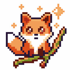 Pixel art cute fox sitting on branch with sparkling stars retro video game orange animal character, 8 bit illustration