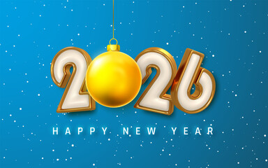 New Year 2026 Design With Hanging Golden Bauble, Snowfall, And Shiny 3D Numbers On Blue Background. Festive Winter Holiday Greeting Concept. Vector Illustration