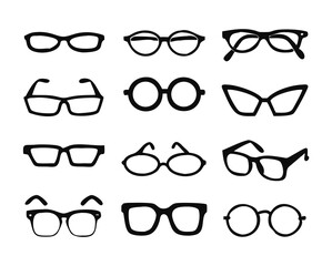 Versatile Black Vector Silhouette Icon Set of Eyeglasses for Fashion Trends, Optical Designs, and Artistic Graphic Creations