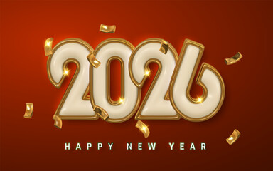2026 New Year Celebration with Golden Numbers, Sparkling Lights, and Flying Confetti on Red Background. Festive Party Design for Holiday Greeting. Vector Illustration