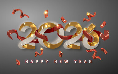 New Year 2026 Celebration With Gold And Red 3D Numbers, Flying Confetti, And Festive Ribbon On Dark Background. Perfect For Greeting Cards And Event Designs. Vector Illustration