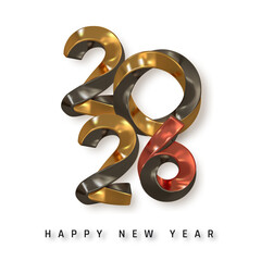 New Year 2026 Celebration Design with Shiny Metallic 3D Numbers in Gold, Black, and Red with Clean White Background. Festive Typography Vector Illustration