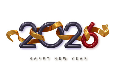 2026 New Year Celebration with Glossy Numbers, Golden Ribbon, and Festive Modern Style on White Background. Elegant Holiday Party Design for Greetings and Events. Vector Illustration