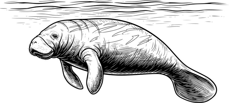 Black and white illustration of a swimming manatee in vintage style art. Vector illustration
