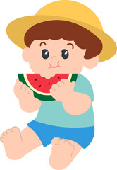 Cute Boy Eating Watermelon Illustration