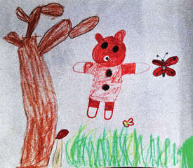 Adorable Child's Drawing Red Teddy Bear and Butterfly in Nature Scene