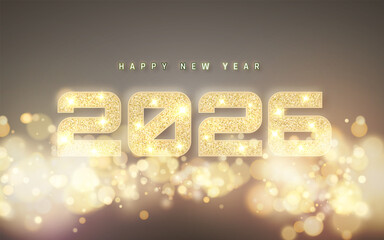 New Year 2026 Background With Glowing Gold Glitter Numbers, Sparkling Lights, And Elegant Bokeh Effects On Dark Gradient. Luxury Celebration Theme. Vector Illustration