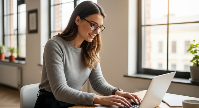 Smiling woman in glasses working on laptop in a modern office, ideal for themes of remote work, professional productivity, or online business