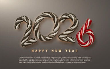 New Year 2026 Candy Cane Style Numbers with Festive Red and Chocolate Swirls on Elegant Gradient Background. Sweet Holiday Celebration Theme. Vector Illustration